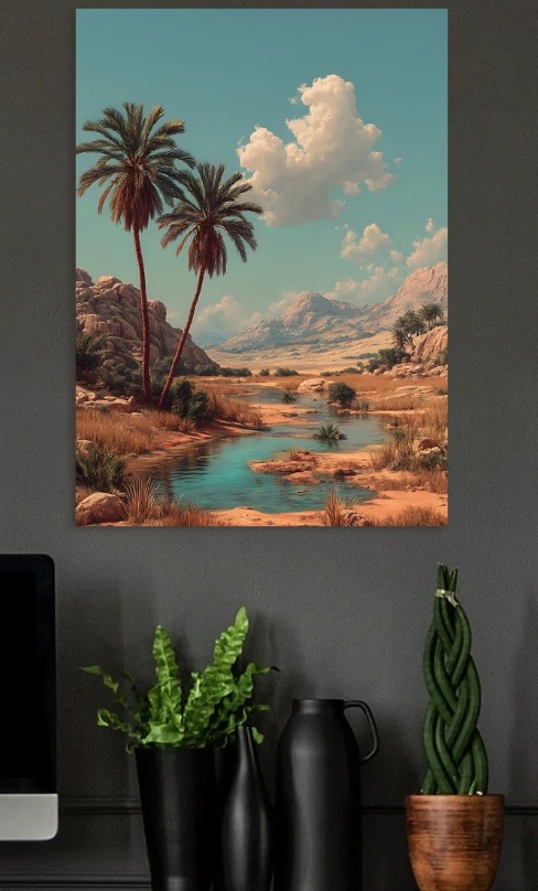 Desert Oasis with Palm Trees — metal poster wall art by Lineer